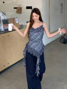 DAZY 韩版女士温柔夏季格子荷叶边不对称吊带休闲吊带衫 - 藍色 - 查看 5