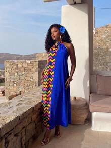 VaVaBold Women's Color Block Halter Neck Casual Vacation Dress, Suitable For Summer - Multicolor - View 10