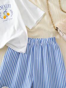 SHEIN 2件套女童纯色字母印花圆领宽松休闲T恤和条纹短裤套装 - 藍色 - 查看 6