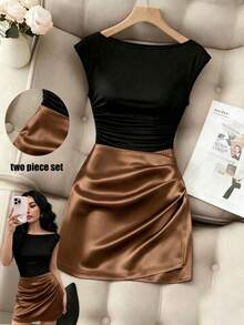 SHEIN Franclia 女士纯色百褶休闲上衣和修身迷你裙两件套 - 彩色 - 查看 3