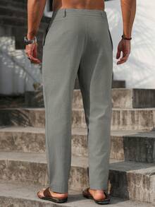VENTUSAIL Pantalones largos entubados de lino para hombre, cintura con cordón, color liso, frescos, para salir, otoño, vacaciones - Gris - Ver 2
