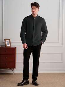 Core Aspect Men's Casual Solid Color Long Sleeve Patch Pocket Shirt, Formal - Black - View 4