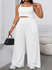 SHEIN CURVE+ Quần dài nữ cỡ lớn, màu trơn, chất liệu chiffon, dáng rộng, cạp chun, ống loe, thích hợp mặc đi làm và mặc hàng ngày, thích hợp cho mùa xuân/hè. - trắng - Xem 4
