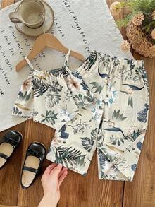 SHEIN Bộ đồ 2 món cho bé gái, gồm áo hai dây và quần dài họa tiết hoa nhí, kiểu dáng thường ngày. - Nhiều màu - Xem 1