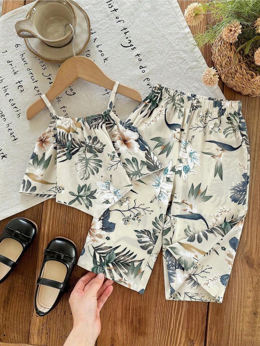 SHEIN Bộ đồ 2 món cho bé gái, gồm áo hai dây và quần dài họa tiết hoa nhí, kiểu dáng thường ngày. - Nhiều màu - Xem 1