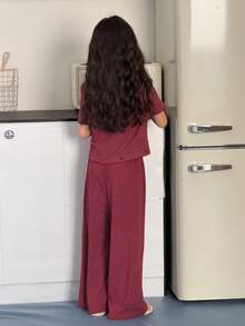 DAZY Conjunto de ropa informal para niñas preadolescentes con camiseta de rayas + pantalones rectos a rayas - Burdeos - Ver 5