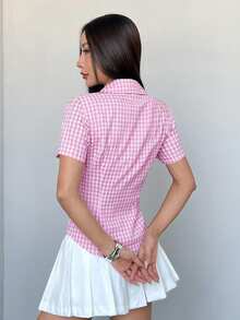 Sweetra Retro Hong Kong Style Plaid Waist-Cinching Versatile Casual Polo Collar Women's Short Sleeve Shirt, Spring/Summer - Pink - View 2