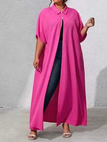 EMERY ROSE Fashionable Casual Solid Color Long Blouse For Plus Size Women - Hot Pink - View 4