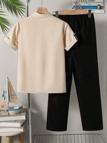Vacaura 2pcs/Set Teenage Boys' Stand Collar Casual Versatile Shirt + Solid Color Simple Pocket Pants Outfit, Suitable For Daily Wear & Outdoor - Apricot - View 2