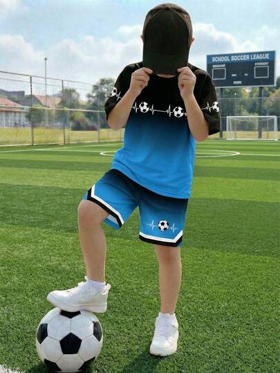2pcs/Set Teenage Boys' Blue Ombre Football Print Sports Short Sleeve Round Neck T-Shirt + Pocket Shorts