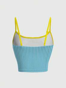 SpongeBob SquarePants | SHEIN 女士休闲度假通勤趣味卡通字母条纹印花修身短款吊带背心，夏季 - 白色 - 查看 2