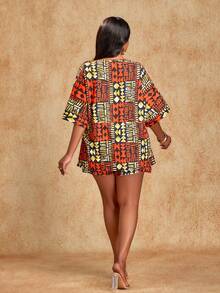 Brilight Women's Tropical Elegant Random Print Loose Asymmetrical Arc Hem Shirt + Shorts Set - South African Traditional Attire - Ladies Two Pieces Set. Suitable For Daily Casual Wear, Vacation, And Other Occasions. Lazy And Comfortable. Women Dress 2 Piece Set African Dresses For Women African Print For Women Two Piece Set For Ladies Latest Outfit For Women - Orange - View 2