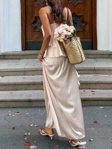 DAZY Women's Satin Camisole Top And Asymmetrical A-Line Skirt 2 Pieces Set - Khaki - View 2