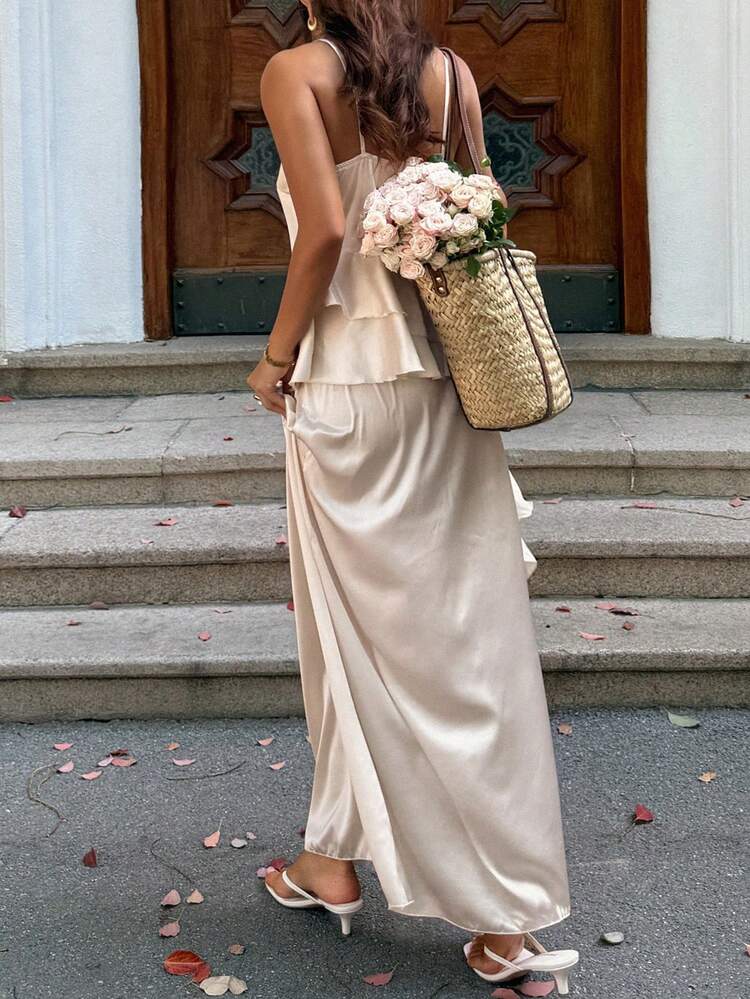 Women's Satin Camisole Top And Asymmetrical A-Line Skirt 2 Pieces Set
