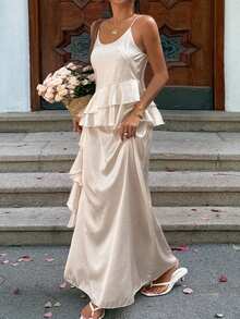 DAZY Women's Satin Camisole Top And Asymmetrical A-Line Skirt 2 Pieces Set - Khaki - View 3