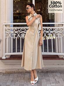 Siren Gaze Đầm hở lưng, thắt eo, 100% cotton dành cho nữ, thích hợp cho mùa xuân/hè. - Màu be - Xem 3