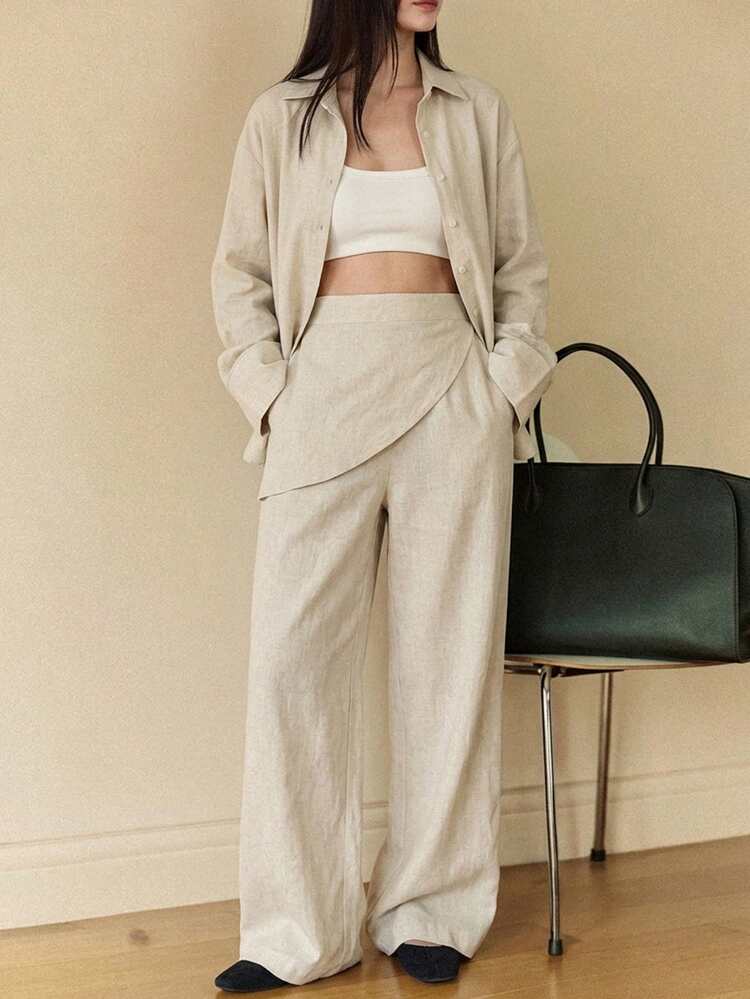 Women's Solid Color Lapel Single-Breasted Long Sleeve Top And Wide-Leg Pants 2 Pieces Casual Outfit Summer Lounge Sets For Women