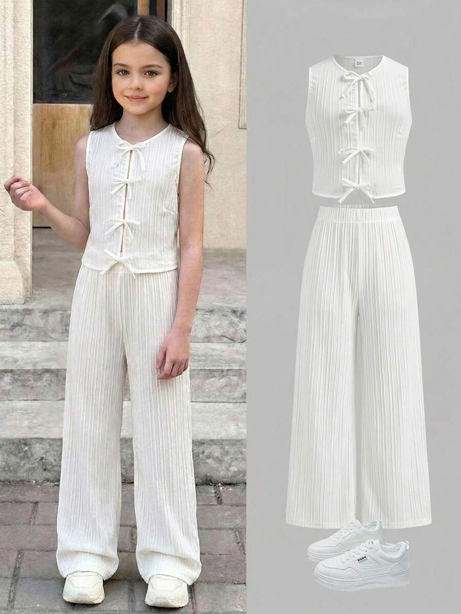 Firerie Kids Bộ đồ 2 món cho bé gái tuổi teen, màu vàng nhăn, chất liệu vải sần, gồm áo vest và quần, kiểu dáng thường ngày dễ thương, thời trang, đa năng, thích hợp cho đi chơi, chụp ảnh cùng chị em, công viên, cắm trại, mặc hàng ngày, dự tiệc, nghỉ lễ. - trắng - Xem 1