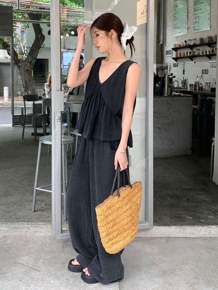 Women's Solid Color Korean Style Sleeveless Shirt And Loose Wide Leg Pants 2 Pieces Set Lounge Sets For Women