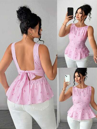 Elenzga Blusa de mujer talla grande con lazo y estampado a rayas jacquard, ropa de resort campestre, atuendo casual diario, parte superior para ir a la oficina, primavera/verano