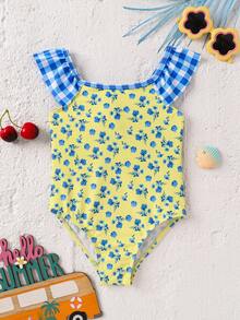 Emery Rose Kids Emery Rose Kids 少女夏季度假沙滩印花荷叶边连体泳衣 - 黃色 - 查看 2