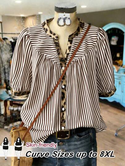SHEIN CURVE+ Plus Size Women Leopard & Striped Patchwork Short Sleeve Single-Breasted Shirt