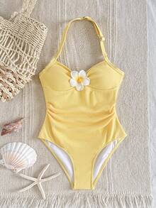 SHEIN Tween Girl Halter Textured Floral Decor One-Piece Swimsuit,Flower Bathing Suits,Yellow Swimwear,One Piece Swim Swimsuits - Yellow - View 8