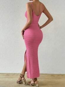SHEIN Holidaya Women's Vacation Solid Color Side Slit Hem Camisole Knit Dress - Hot Pink - View 2