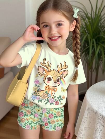 2件套女童休闲可爱小鹿、彩虹、蝴蝶、花卉印花米绿色短袖T恤和短裤套装，适合夏季穿着