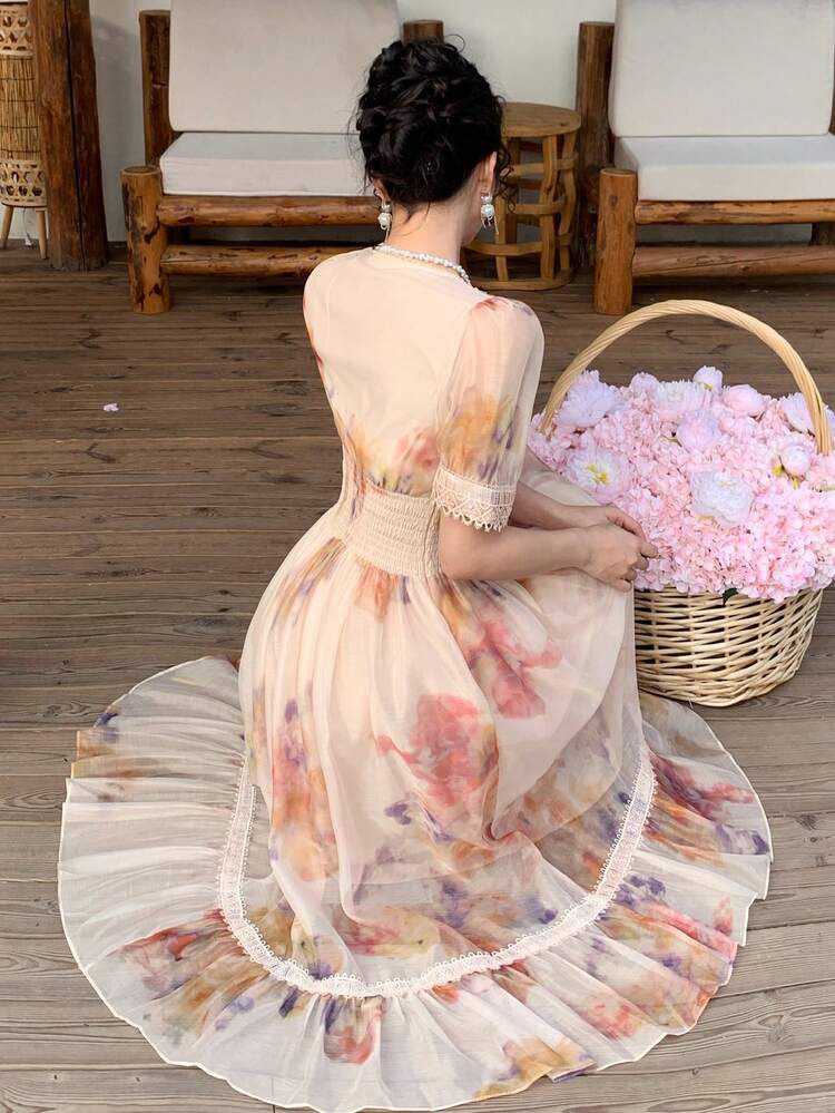 Women's Elegant Floral Print Lace Patchwork Mid-Length Dress, Summer
