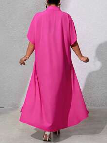 EMERY ROSE Fashionable Casual Solid Color Long Blouse For Plus Size Women - Hot Pink - View 2