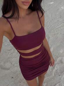 Bonvoyette Red Brown Color Sexy Cut Out Ruched Dress, Date Night Outfits, Wedding Guest Dress, Birthday Outfits, Autumn Clothing, Party Dress, Elegant Dress, Elevated Elegance Dress, Halloween Dress, Party Must Have - Redwood - View 1