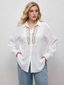 Maija Camisa de talla grande de unicolor casual con parches de encaje, primavera/otoño - Blanco - Ver 1