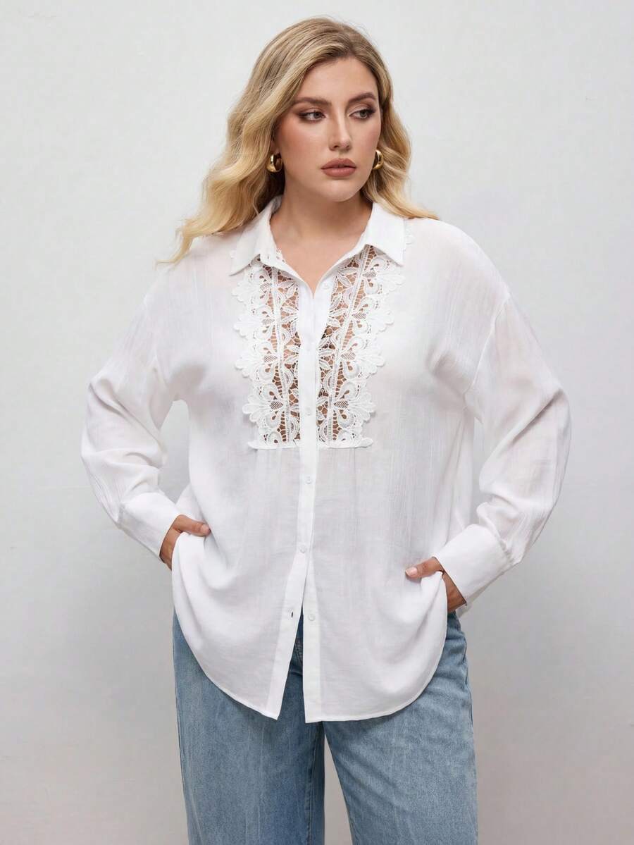 Maija Camisa de talla grande de unicolor casual con parches de encaje, primavera/otoño - Blanco - Ver 1