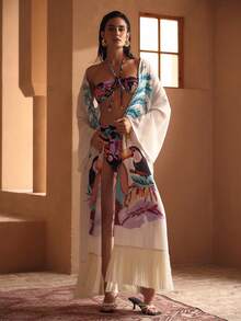 MOTF PREMIUM Áo khoác ngoài kimono họa tiết lá cọ và vẹt rừng mưa nhiệt đới đầy màu sắc, kiểu dáng mở phía trước, tay áo loe rộng, trang trí tua rua, thích hợp cho kỳ nghỉ. - Nhiều màu - Xem 4