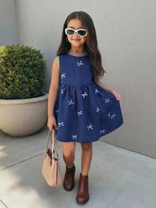 Young Girl' White Bow Decor Blue Denim Sleeveless Dress - Dark Wash - View 4