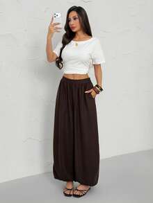SHEIN PETITE Linen Bermuda Shorts, Linen Solid Color Knee-Length Shorts With Side Pockets, High Waist And Loose Fit, Fashion Basics - Brown - View 5