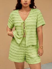 Elaquor Plus Size Summer Vacation Solid Color Textured Front Tie Short Sleeve Top And Shorts 2 Pieces Set - Green - View 4