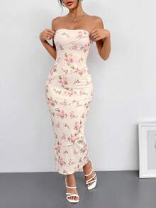 SHEIN PETITE 夏季粉色碎花修身吊带连衣裙 - 彩色 - 查看 3
