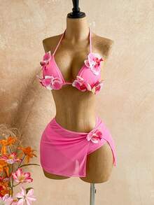 Soleia Women's Cute 3D Floral Halter Tie Bikini Two-Piece Swimwear With Cover Up Skirt 3 Pieces Set - Pink - View 7