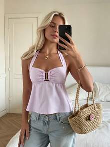 SHEIN CovetEZ Áo hai dây cổ yếm kẻ sọc xếp nếp dành cho nữ - Hồng - Xem 1