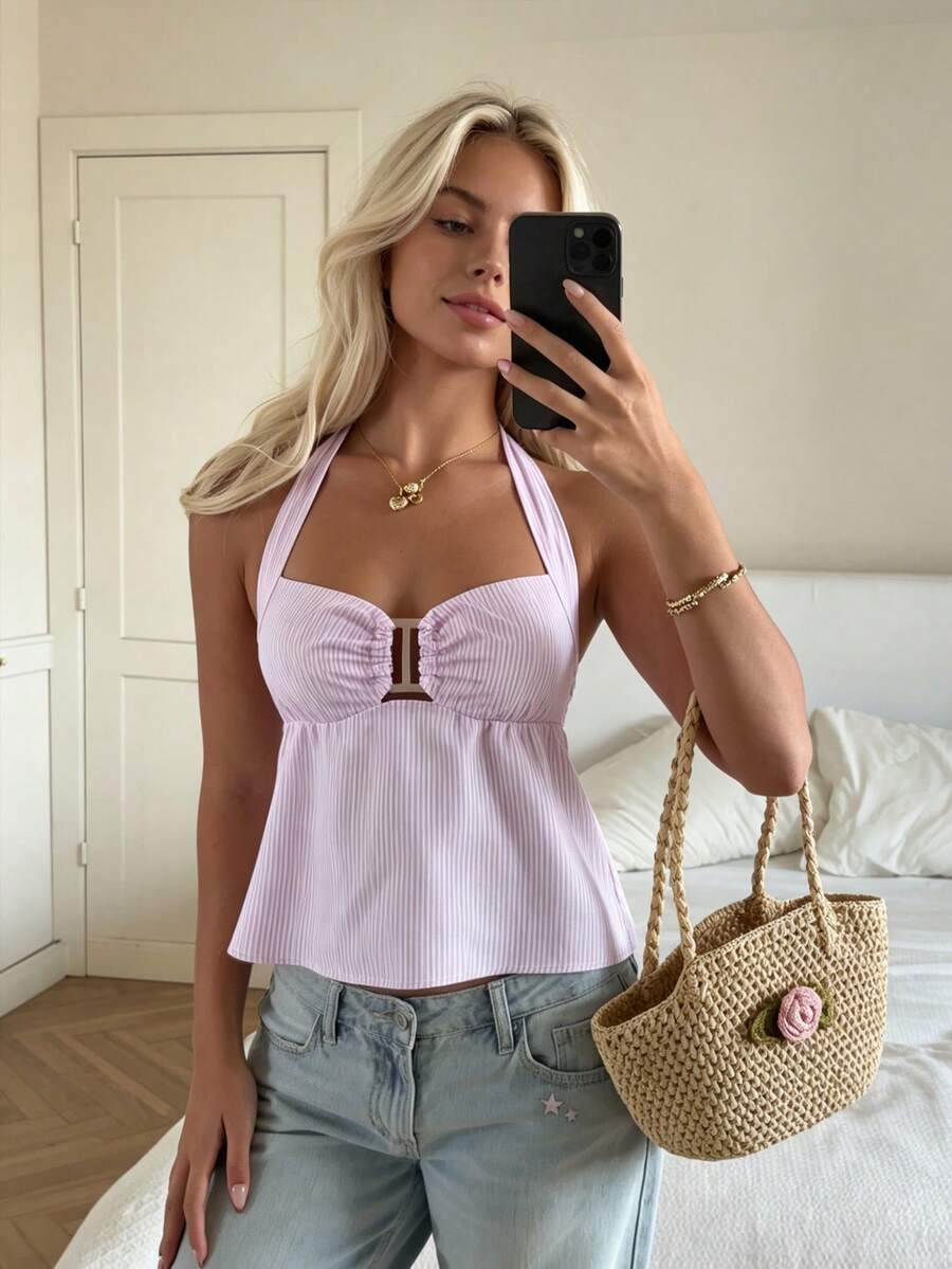 SHEIN CovetEZ Áo hai dây cổ yếm kẻ sọc xếp nếp dành cho nữ - Hồng - Xem 1