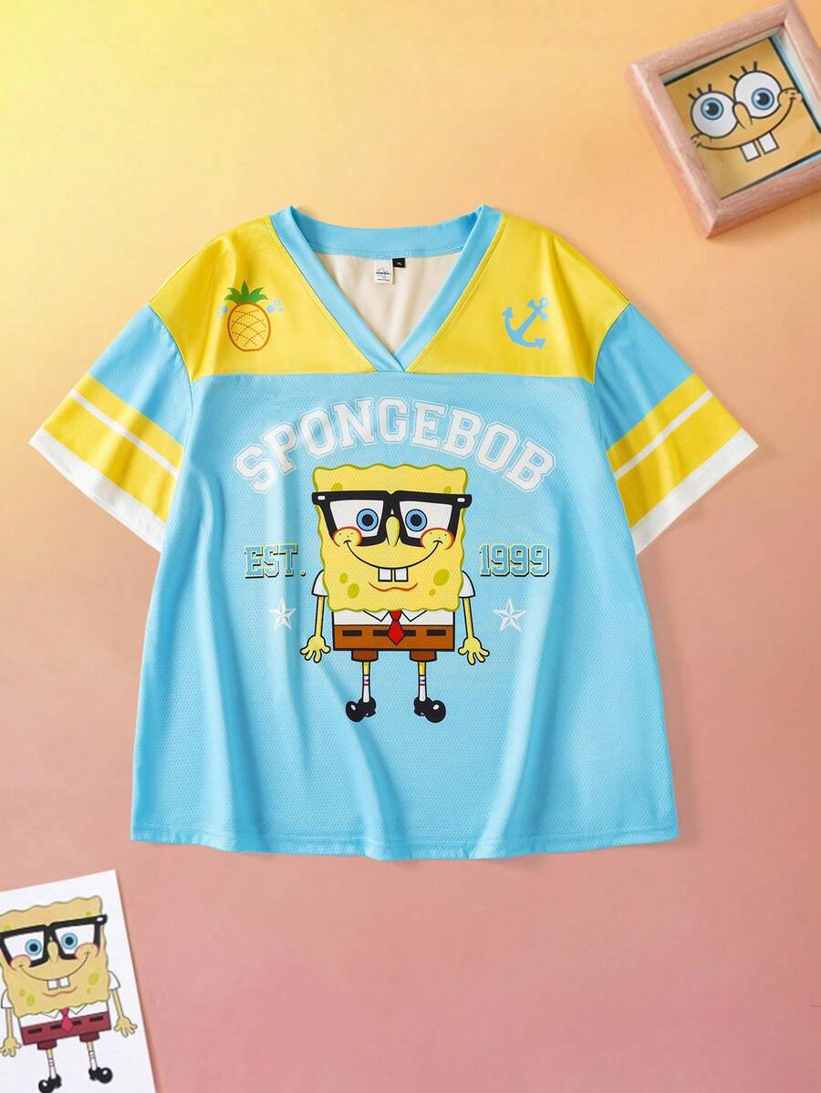 SpongeBob SquarePants | SHEIN 大码女式可爱V领短袖T恤 - 藍色 - 查看 1