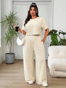 Solflare Plus Size Beige Round Neck Short Sleeve Top And Drawstring Waist Long Pants Casual 2 Pieces Set - Beige - View 5