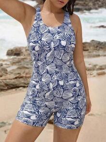Swim SPRTY Plus Size Women Summer Beach Vacation Surfing Full Print Shell Pattern Cross-Back One-Piece Swimsuit With Shorts - Multicolor - View 4