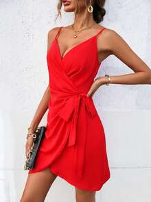 EMERY ROSE Solid Knot Side Wrap Hem Cami Dress For New Year Clothes - Red - View 3