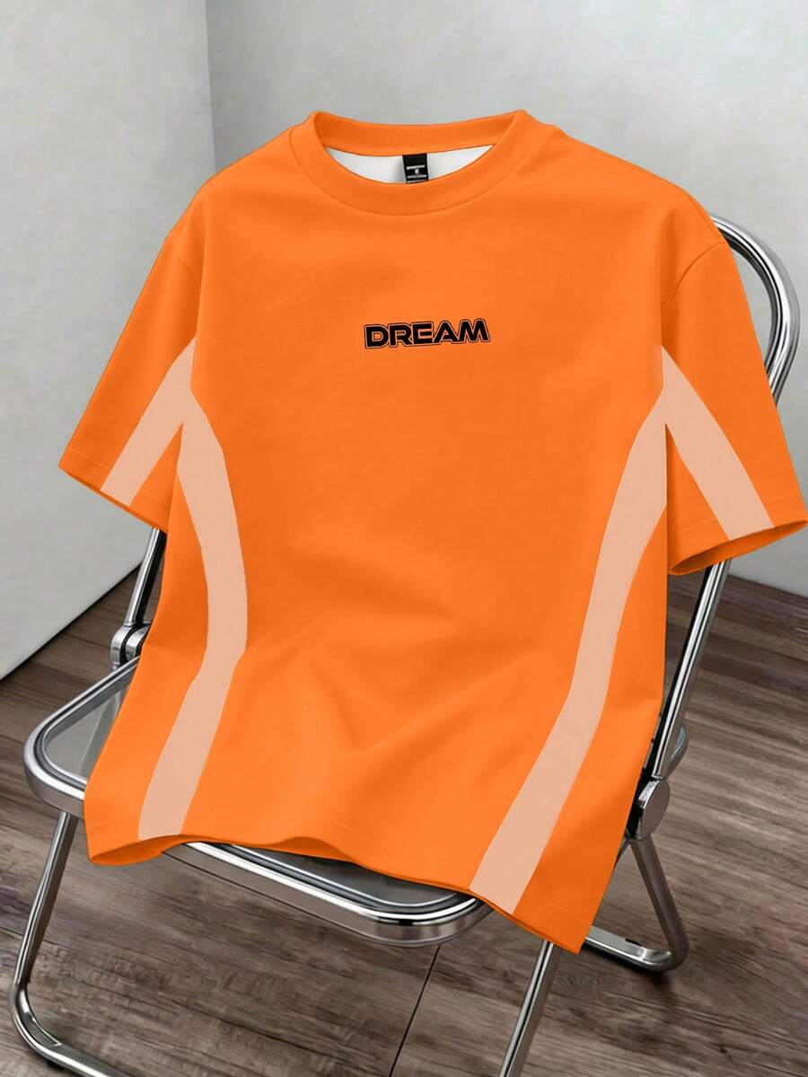 Manfinity Joysei Men's Letter Print Round Neck Short Sleeve Casual T-Shirt - Orange - View 1