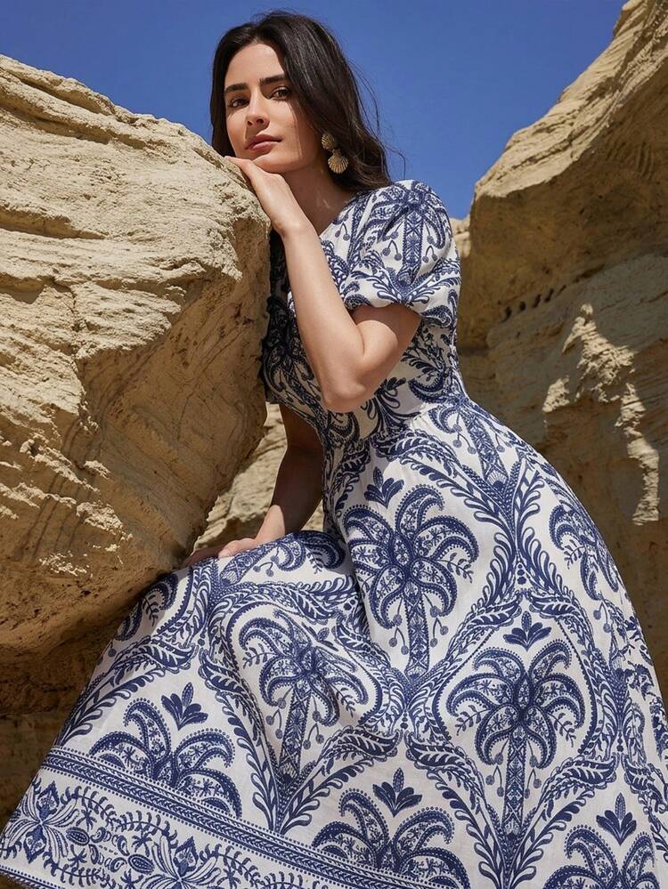 Women's Retro Printed Round Neck Short Sleeve Mid-Length Dress Sundress Boho