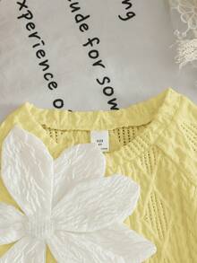 SHEIN Young Girl Solid Color Round Neck 3D Floral Casual Flowy T-Shirt Birthday Yellow Summer - Yellow - View 7