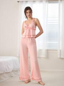 Ocili 波西米亚风休闲荷叶边吊带裤女士睡衣套装 - 粉色 - 查看 4